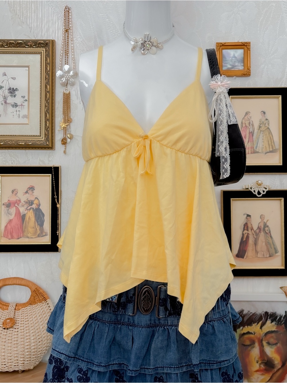 Coastal effortless clean girly flowy asymmetrical butter yellow babydoll tank